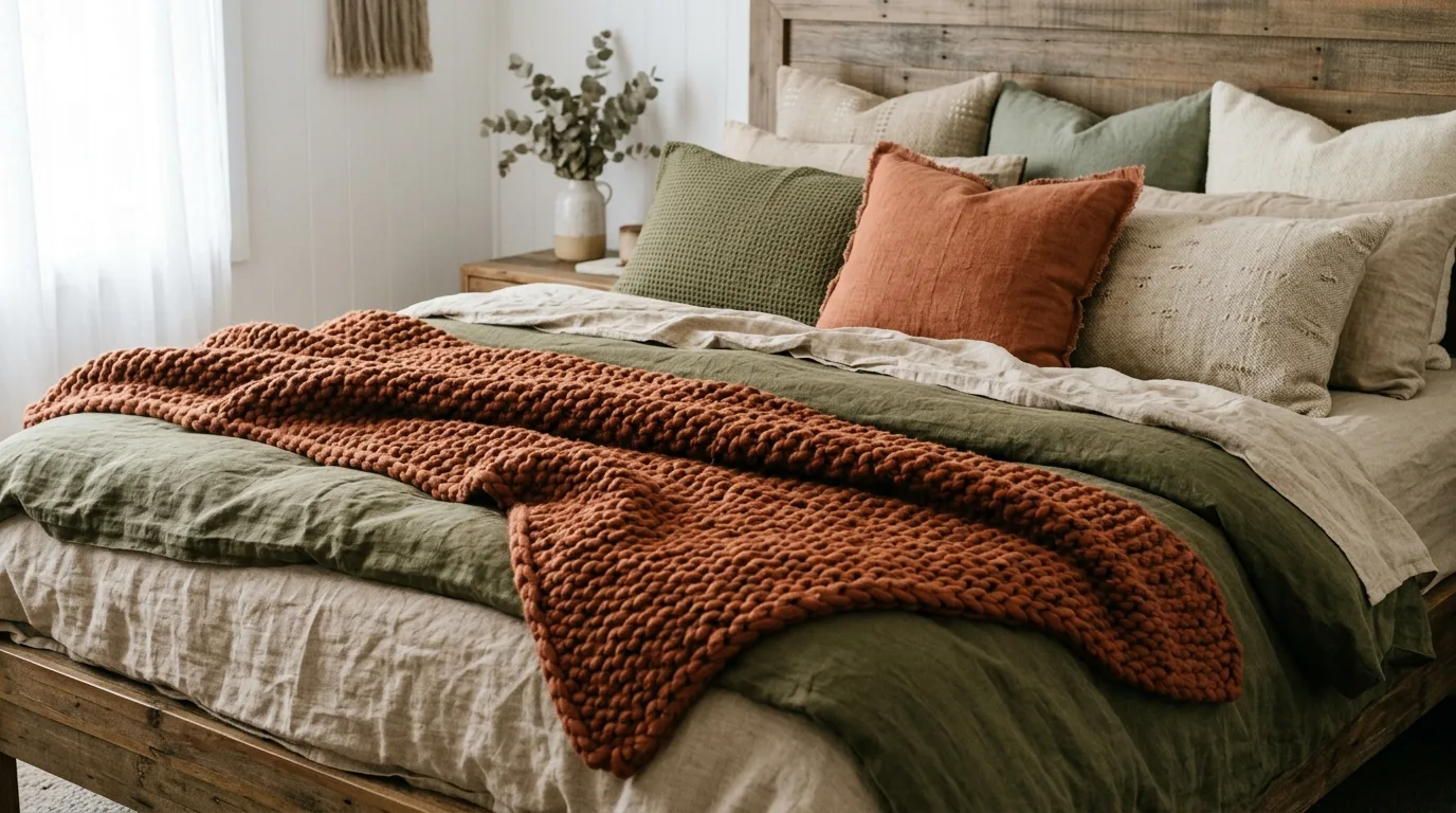 Layer bedding in terracotta, olive, and sand inspiration for an earthy bedroom.